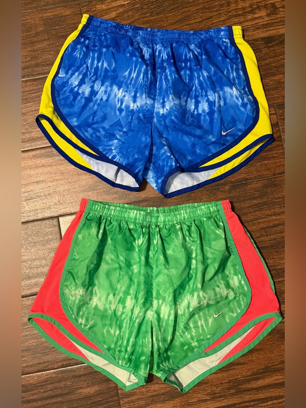 2 pair Nike womens Tie-Dye Sport Shorts in Blue/Green with Yellow & Pink Accents